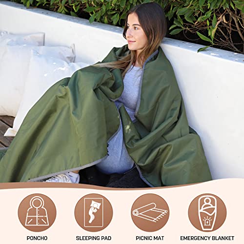 Tirrinia Waterproof Outdoor Blanket with Sherpa Lining, Windproof Foldable - color: Dark Green/Grey, size: 66” x 90”
