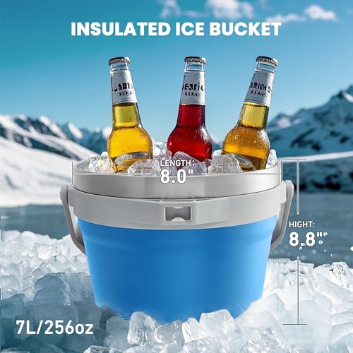 COKTIK 7L Vacuum Insulated Ice Bucket with Lid and Scoop& Tongs，Large capacity Stainless Steel Beverage Bucket for Cocktail, Champagne, Wine, Beer，Large Parties（Blue Suit） - color: Blue Suit