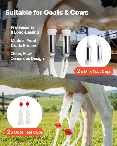 VEVOR Goat Milking Machine, 1.8 Gal / 7 L Food-Grade Stainless Steel Bucket, 4 Teat Cups for Cows and Goats, with 8000 mAh Rechargeable Battery, Electric Pulsation Milking Machine Portable Milker