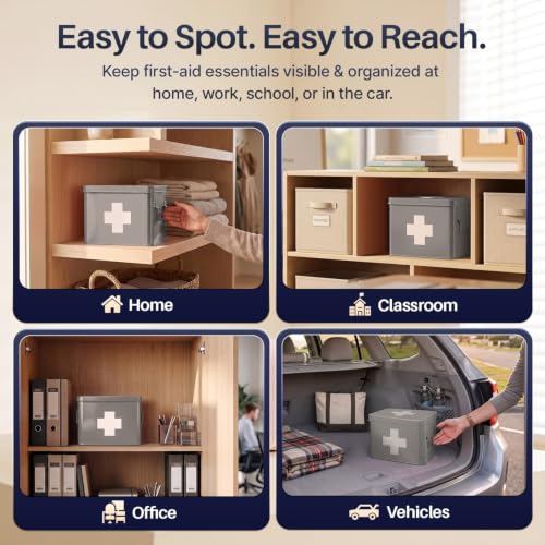 Flexzion Large Metal First Aid Box Empty, 8.5-Inch, Gray with White Cross - color: Gray, size: 8.5 Inch without Latch Lock