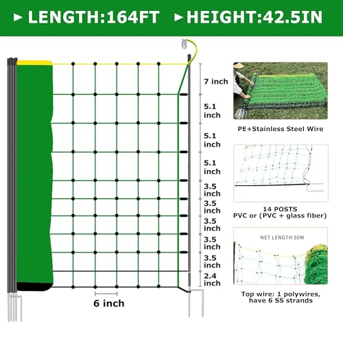 Electric Poultry Netting, 42.5" H x 164' L Electric Fence Netting | for Livestock, Cattle, Sheep, Goat, Is Robust and Durable, Requires No Assembly, Lightweight and Portable - size: 42.5" H x 164' L