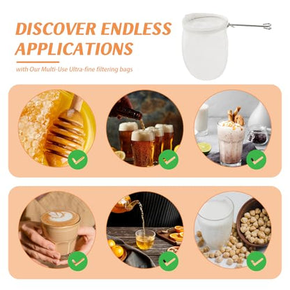 Fine Mesh Strainer Bags, 8 Pcs Reusable Nut Milk Bags, with Stainless Steel Handle for Filtering Juice, Milk, Yogurt, Coffee and Soup