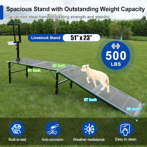 Foldable Goat Stand with Removable Ramp, 51x23" Livestock Trimming Stand with Feed Tray, Metal Goat Sheep Stand 500lbs Capacity for Trimming Shearing Milking Hoof with Adjustable Headpiece & Height