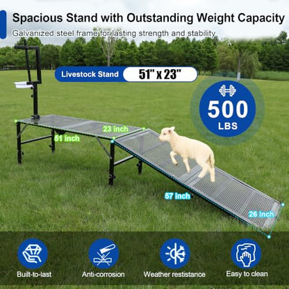 Foldable Goat Stand with Removable Ramp, 51x23" Livestock Trimming Stand with Feed Tray, Metal Goat Sheep Stand 500lbs Capacity for Trimming Shearing Milking Hoof with Adjustable Headpiece & Height