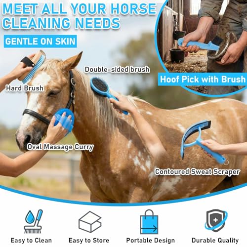 Cunhill 9 Pcs Horse Grooming Kit Tack Room Supplies, Classic, Light Blue - color: Light Blue, style: Classic