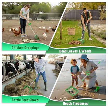 TOOGE Large Chicken Poop Scooper: 2-in-1 Metal Pooper Scooper & Rake Adjustable 62" Long Handle Stainless Steel Sand Sifting Litter Shovel Chicken Coop Scoop Cleaning Tool for Goat Yard Bright Green
