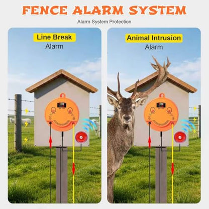 2.5J Electric Fence Charger, DC 12V / AC 110V-240V, 12kV Output Voltage, Covers up to 6.2 Miles (10 km). Supports Solar, Battery and AC Power Supply. Equipped with a Display Screen and Alarm Function.