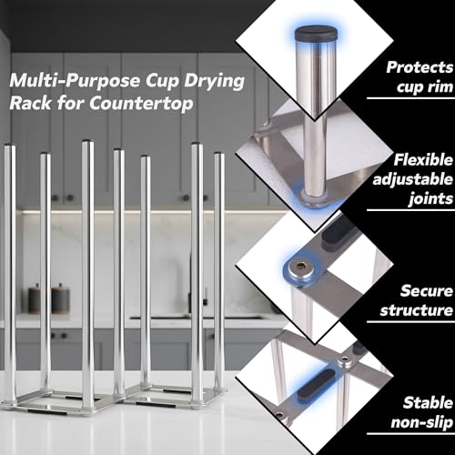 Water Bottle Drying Rack, Cup Drying Rack for Counter, Stainless Steel Tumbler Dryer Stand, Space-Saving Mug & Glass Drying Rack, Heavy-Duty Holder for Cups & Water Bottles (Silver – 7 Pegs) - color: Silver – 7 Pegs
