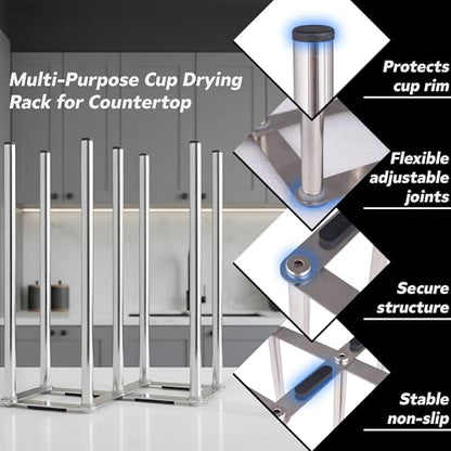 Water Bottle Drying Rack, Cup Drying Rack for Counter, Stainless Steel Tumbler Dryer Stand, Space-Saving Mug & Glass Drying Rack, Heavy-Duty Holder for Cups & Water Bottles (Silver – 7 Pegs) - color: Silver – 7 Pegs