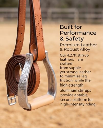 5" Western Horse Riding Stirrups Hand Carved Lightweight Aluminum Stirrups with Saddle Belt,Genuine Leather wrapping-MP1134