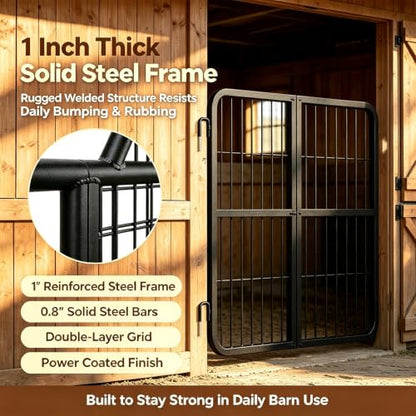 1 Inch Thick Steel Horse Stall Gate, Two-Way Opening Ventilated Horse Stall Guard, Heavy Duty Height Adjustable Grid Metal Stall Front Gate for Daily Home Barn Show Stable Use - size: 48"Wx24"H