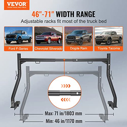 VEVOR Extendable Steel Truck Ladder Rack - 800 lbs Capacity, 46-71 inch, Non-Drilling for Kayak, Surfboard, Lumber, Ladder - style: Non-drilling