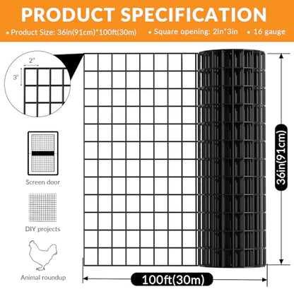 Welded Wire Fence, 36 Inch x 100 Foot Black PVC Coated Wire Mesh, 2 Inch x 3 Inch 16GA Garden Border Fencing Roll Vinyl Coating Metal Wire Mesh for Yard Vegetable Plant Protection Poultry Netting - size: 36X100ft
