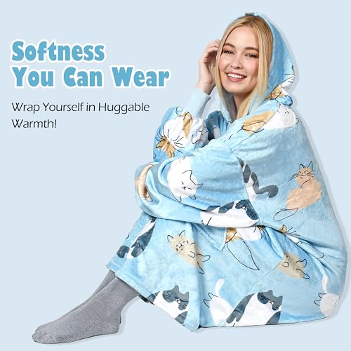 Catalonia Oversized Blanket Hoodie, Cat Print Fleece Wearable Blanket - color: Cat Blue