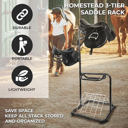 HOMESTEAD 3-Tier Saddle Rack - Horse Saddle Stand Rotating Tiers, Bridle Rack, Hooks for English & Western Saddle, Tack Room - size: 88 Lbs