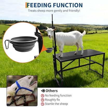 Goat Milking Stand with Feeder, Goat Stand for Trimming Hooves, with Adjustable Head Piece and Legs, 600 Lbs for Small Sheep and Goat