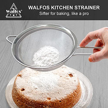 Walfos Extra Fine Mesh Strainer Set of 4-9.35", 6.95", 4.6", 2.7", Stainless Steel 30 Mesh Sieve with Sturdy Handle, Kitchen Food Strainers Sifters for Quinoa, Pasta, Fruits, Vegetables, Rice, Tea - style: 4pcs (2.7", 4.6", 6.95", 9.35") Strainers