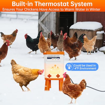 Heated Chicken Waterer, Thermostatically Controlled Poultry Water Heater for Winter, 4 Horizontal Nipples and 8 Support Legs, Anti-Freezing Watering System for Coop Accessories (7L-Red) (Orange, 12L)