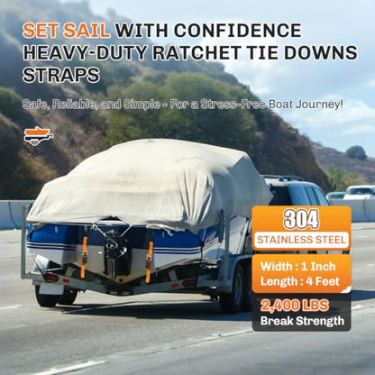 WELLUCK 304 Stainless Steel Boat Trailer Tie Down Straps 2400 LBS, 1 Inch x 4 FT Heavy Duty Ratchet Straps Transom Tie Downs to Trailer Marine Jet Ski Pontoon, High-Vis Orange Safety Harness - color: Silver（Stainless）