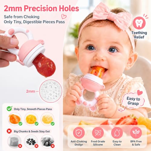 JOCHEBED Baby Fruit Food Feeder Pacifier, Silicone Teething Relief Toy, 2-Pack with 6 BPA-Free Pouches, Light Pink, 3-24 Months - color: Light Pink