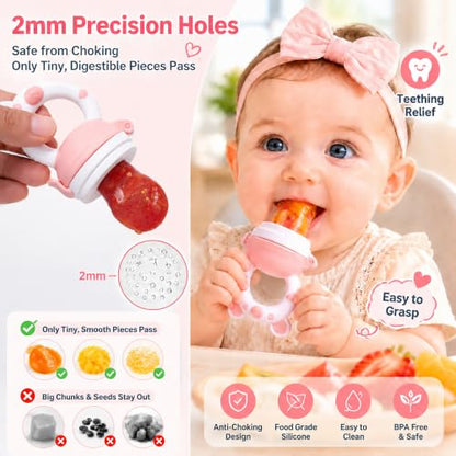 JOCHEBED Baby Fruit Food Feeder Pacifier, Silicone Teething Relief Toy, 2-Pack with 6 BPA-Free Pouches, Light Pink, 3-24 Months - color: Light Pink