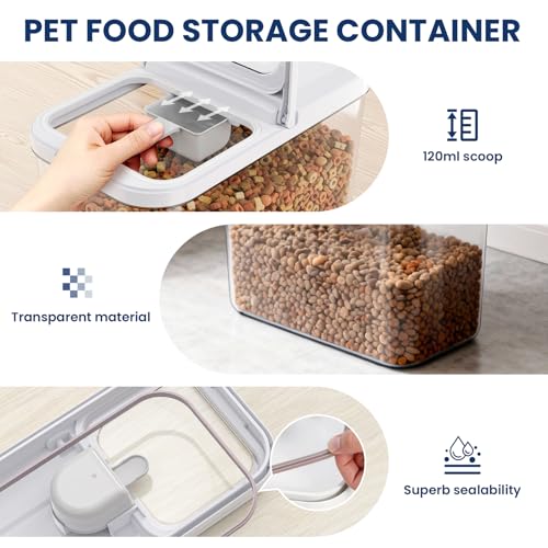 LEAWALK 6 Lbs Airtight Dog Cat Food Storage Container and Dog Treat Containers BPA-Free, PET Clear Stackable Pet Storage Bin, 1-Cup Scoop, 1-Sponge cleaning brush, Pop Top, With handle, Easy Mobility - color: Milky White 6L-A