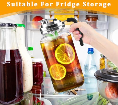 Glass Pitcher With Lid,304 Stainless Steel Lid,2 Seal Ring,64 oz(2 Quart/1.8 Liter),Mason Jar Cold Brew Water Iced Tea Brewing Breast Milk Pitcher,Sun Tea Glass Jar For Outside,Pitchers For Drinks - color: Black