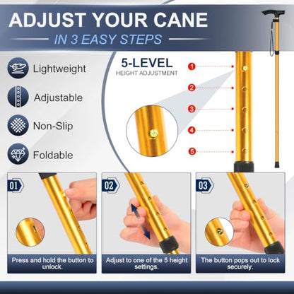 supregear Folding Cane, 5-Level Adjustable Height Walking Stick Lightweight Collapsible Portable Travel Cane with Wrist Strap and T Handle for Elderly Disabled Men Women - color: Gold