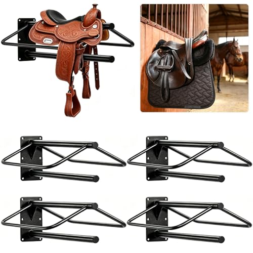 Youlina 4 Pack Wall Mounted Saddle Rack with Pad Bar, Heavy Duty Black Horse Saddle Stand for English & Western Saddles, Sturdy Storage for Saddle Pads & Blankets