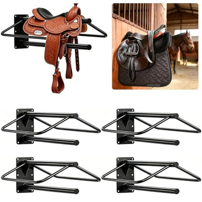 Youlina 4 Pack Wall Mounted Saddle Rack with Pad Bar, Heavy Duty Black Horse Saddle Stand for English & Western Saddles, Sturdy Storage for Saddle Pads & Blankets