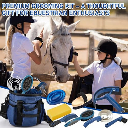 Cunhill 9 Pcs Horse Grooming Kit Tack Room Supplies, Classic, Dark Blue - color: Dark Blue, style: Classic