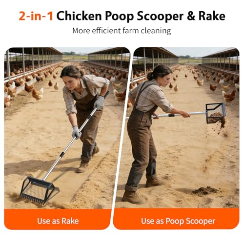 VavoPaw Chicken Poop Scooper,2-in-1 Scoop Shovel&Poop Rake,35-75”Adjustable | Ergonomic Handle Metal Pooper Scooper, Litter Sifting Shovel For Henhouse, Sand, Cattle Shed
