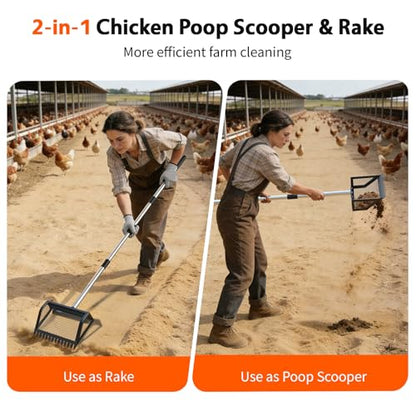 VavoPaw Chicken Poop Scooper,2-in-1 Scoop Shovel&Poop Rake,35-75”Adjustable | Ergonomic Handle Metal Pooper Scooper, Litter Sifting Shovel For Henhouse, Sand, Cattle Shed