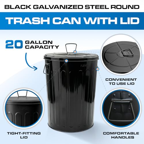 Plexon 20 Gallon Metal Trash Can with Lid Outdoor Large Trash Bin Steel Garbage Can for Garage Patio Farmhouse Bucket Bird Seed Storage Can Heavy Duty Round Container, Black - color: Black