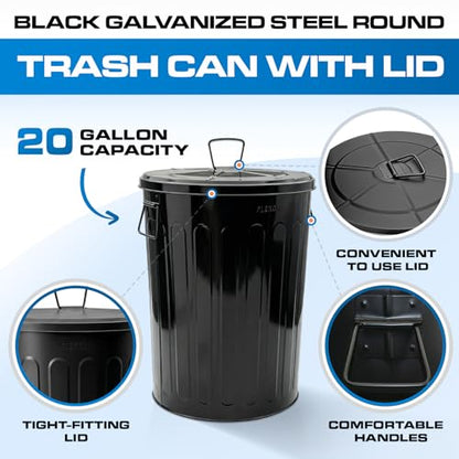 Plexon 20 Gallon Metal Trash Can with Lid Outdoor Large Trash Bin Steel Garbage Can for Garage Patio Farmhouse Bucket Bird Seed Storage Can Heavy Duty Round Container, Black - color: Black