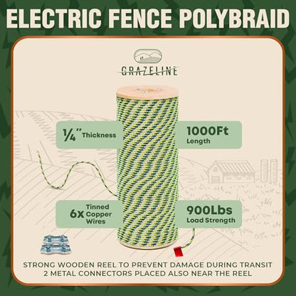 Electric Fence Polybraid 1/4" Rope 1000Ft - 6 Tinned Copper Strands | 900lb Strength Superior Shock Heavy Duty Braided Polyrope - Premium Horse Wire Fencing Highly Visible - UV Rust Resistant - size: 1000 ft