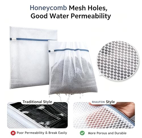 Laundry Bags 4 Pack - Rhaufein Honeycomb Mesh Laundry Bags, 11.4x15.5 Inches Medium Wash Bags for Delicates, Bras, Lingerie, Baby Clothes, Durable Zipper, Protect Garments from Snag, Tangle & Deform