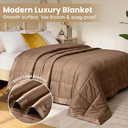 downluxe Queen Size Blanket with Satin Trim, Lightweight Down Alternative Blankets Queen Size for All Season, Machine Washable (Brown, 90x90 Inch) - color: Brown, size: Queen