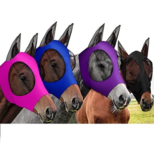 Frienda 4 Pcs Horse Fly Mask with Ear, Medium, Purple, Blue, Pink, Black - color: Purple, Blue, Pink, Black, size: Medium