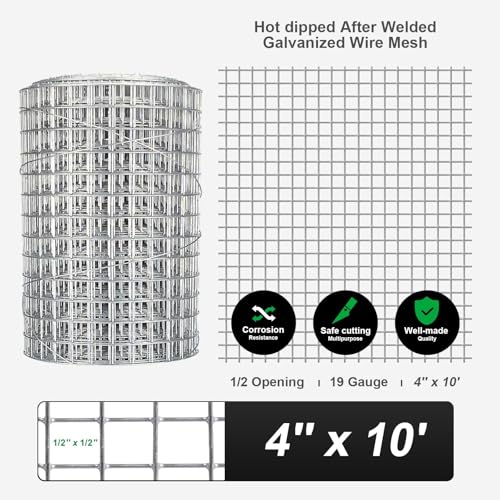 Hardware Cloth 4'' x 10' 1/2 in Galvanized Wire Mesh Roll (19 GA) Chicken Wire Fence Roll for Chicken Pen/coop Fences, Screen mesh, Rabbit/Snake Fences, Poultry enclosures, Handicraft Making, etc. - size: 4In x 10Ft