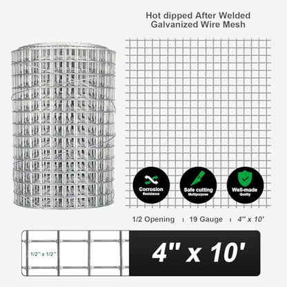 Hardware Cloth 4'' x 10' 1/2 in Galvanized Wire Mesh Roll (19 GA) Chicken Wire Fence Roll for Chicken Pen/coop Fences, Screen mesh, Rabbit/Snake Fences, Poultry enclosures, Handicraft Making, etc. - size: 4In x 10Ft