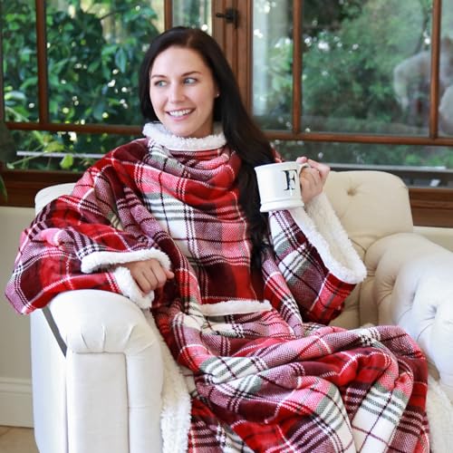 Catalonia Sherpa Wearable Blanket with Sleeves and Pocket for Adults - color: Red Plaid, size: Standard Pocket
