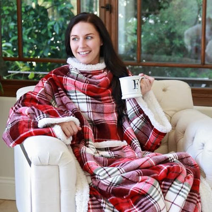 Catalonia Sherpa Wearable Blanket with Sleeves and Pocket for Adults - color: Red Plaid, size: Standard Pocket