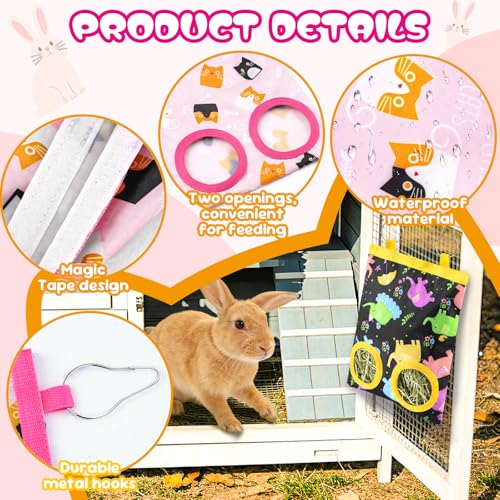 2 Pack Rabbits Hay Feeder Bag, 2 Holes Hanging Bunny Hay Feeder Guinea Pig Feeding Bag Storage Dispenser for Bunny Rabbits Chinchillas Hamsters Small Pets and Animals - color: Pink Yellow