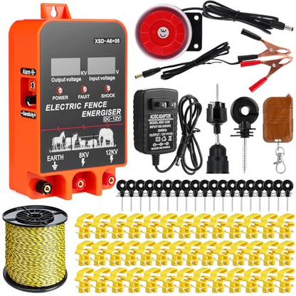MorningRo 5.5J Electric Fence Charger with Display and Alarm, AC/DC Dual Power, 12V Input 8KV/12KV Output, 3366 ft Polywire, 40 T Post Insulator, 20 Screw-in Insulator for Cattle Cow Livestock Farm