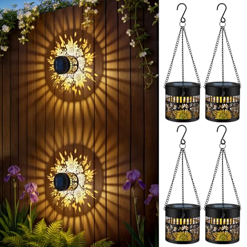 4 Pack Solar Fence Lights Outdoor, Metal Solar Powered Wall Deck Step Light | Sunflower Theme, Hanging LED Waterproof Decorative Lighting for Garden Patio Backyard Post Decor, Warm White - color: Warm White