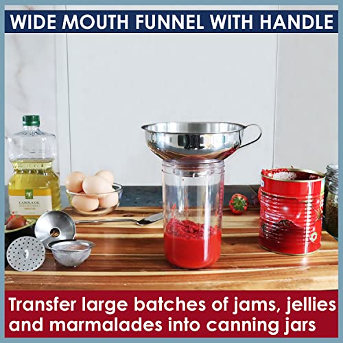 KEISSCO Stainless Steel 4-Piece Funnel and Strainer Set - Canning Funnel for Wide and Regular Mason Jars, Transferring Oils, Liquid, Fluid, Dry Ingredients & Powder, Wide & Narrow Mouth with Filter