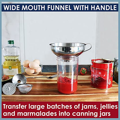 KEISSCO Stainless Steel 4-Piece Funnel and Strainer Set - Canning Funnel for Wide and Regular Mason Jars, Transferring Oils, Liquid, Fluid, Dry Ingredients & Powder, Wide & Narrow Mouth with Filter