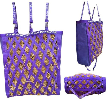 Majestic Ally Double Side Open Slow Feeder Hay Bag - Diamond Shaped Obliquely Placed Webbing (Purple) - color: Purple