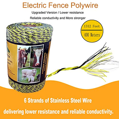Farmerry 1312 Feet Portable Electric Fence Polywire with 6 Conductors, Yellow and Black, 400 Meters - size: 1312 Feet